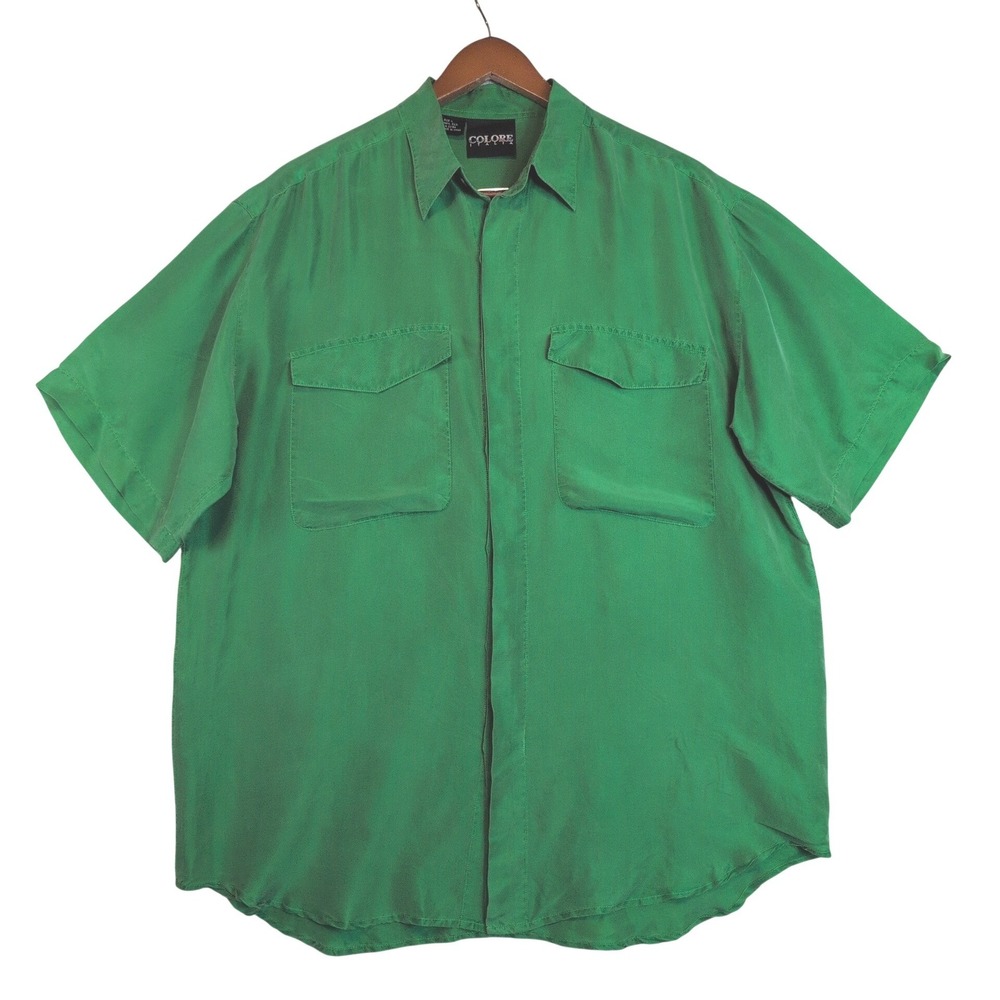 Colore Italia VTG Mens Lg Green 100% Silk Short Sleeve Button Down Shirt